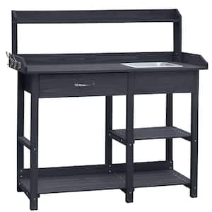 48 in. H Wood Potting Benches and Tables with Removable Stainless Sink and Drawers in Dark Grey