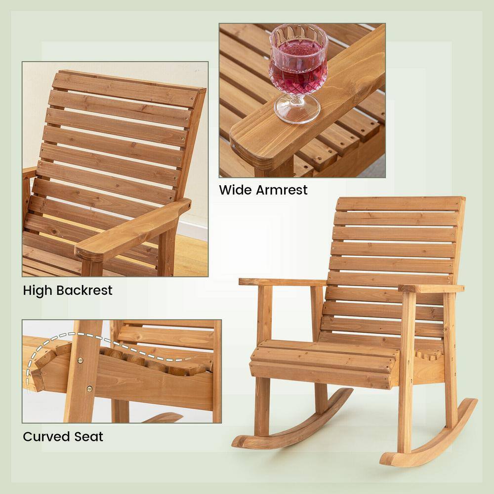 Natural Fir Wood High Back Outdoor Rocking Chair with Armrests