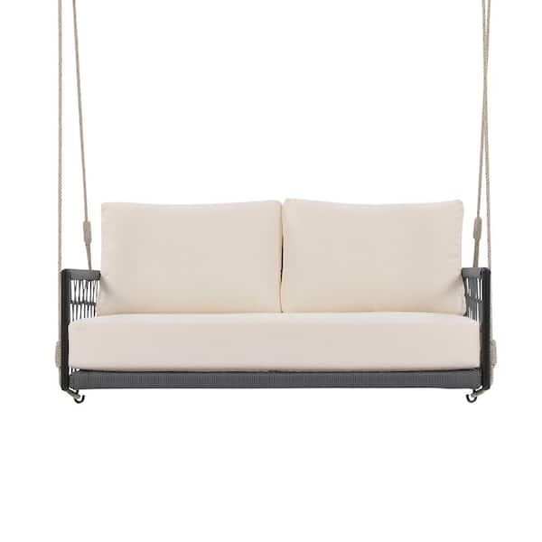 Sudzendf Seating 2-Woven Rope Outdoor Metal Patio Swing with Soft Beige Cushions