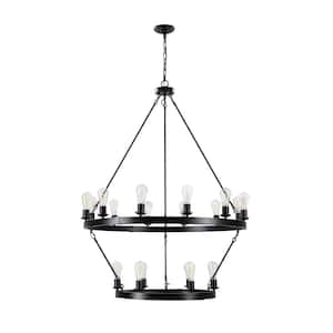 40.2 in. 18-Light Industrial Circular Black Pendant Light for 2 Ringed Metal Frame