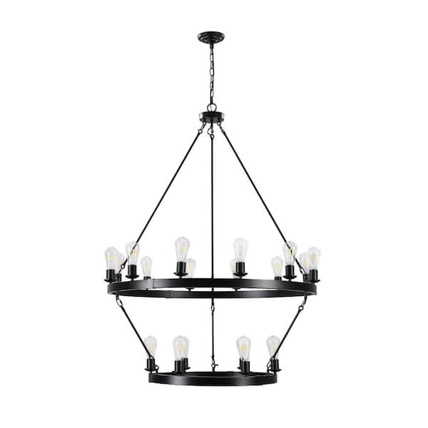 PUDO 40.2 in. 18-Light Industrial Circular Black Pendant Light for 2 Ringed Metal Frame