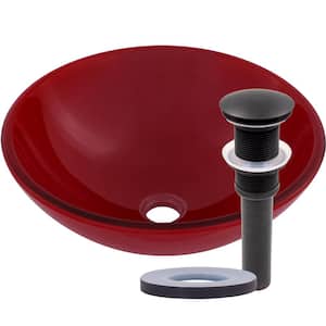 Rosso Glass Round Vessel Sink in Red with Drain in Oil Rubbed Bronze