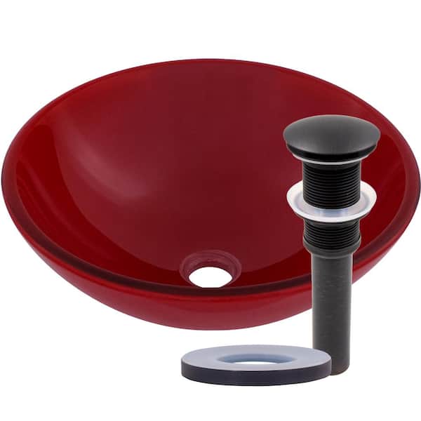 Novatto Rosso Glass Round Vessel Sink in Red with Drain in Oil Rubbed Bronze