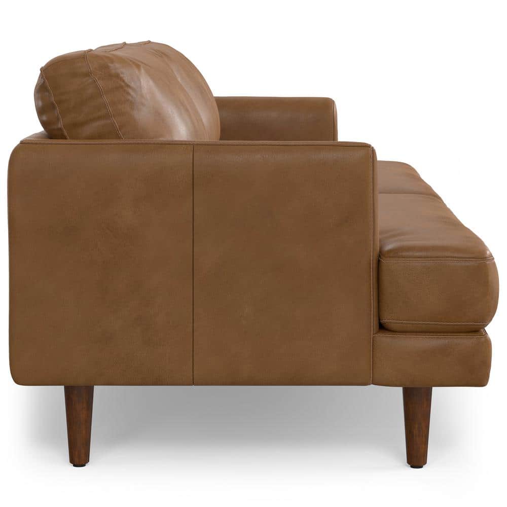 Caramel Brown Genuine Leather Mid-Century Modern Sofa with Removable Cushions