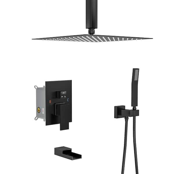 3-Spray Patterns with 1.8 GPM 16 in. in Ceiling Mount Rainfall Shower Head Dual Shower Head in Black