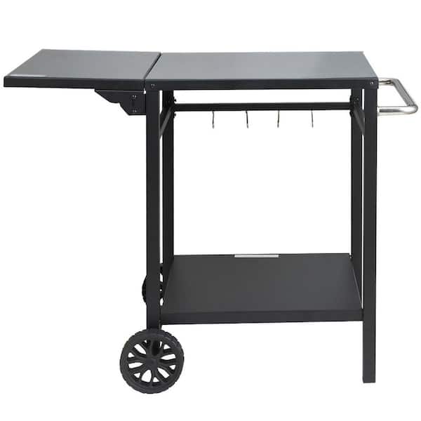 Tileon Outdoor Grill Dining Cart with Double-Shelf, BBQ Movable Food Prep Table, Multifunctional Foldable Iron Tabletop