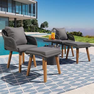 5-Pieces Gray Wicker Outdoor Conversation Set with Gray Cushions, Table, Ottomans
