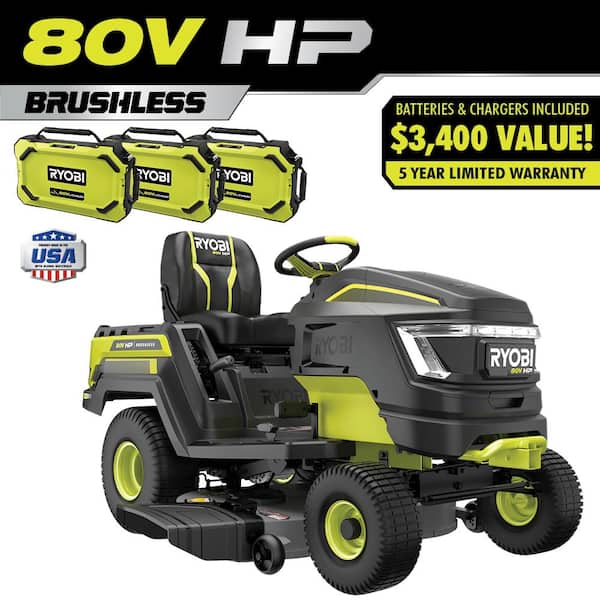RYOBI 80V HP Brushless 42 in. Battery Electric Cordless Riding Lawn Tractor with (3) 80V 10Ah Batteries and Charger