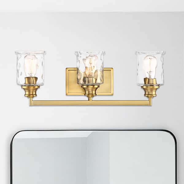 Drake 24 in. 3-Light Brushed Gold Classic Vanity Light with Clear Hammered Glass Shades