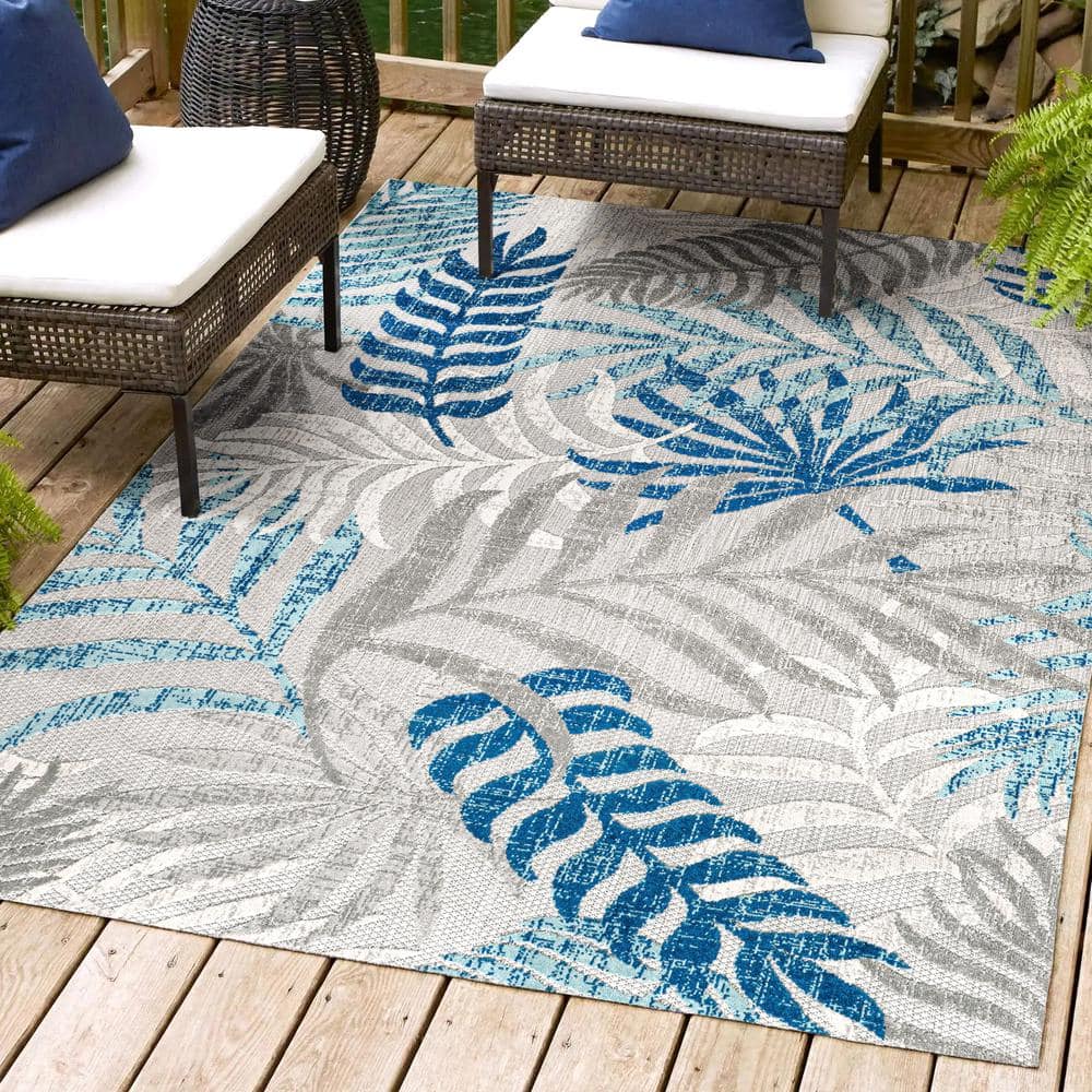 Gray and Blue Palm Leaves 8' x 10' Synthetic Indoor/Outdoor Area Rug
