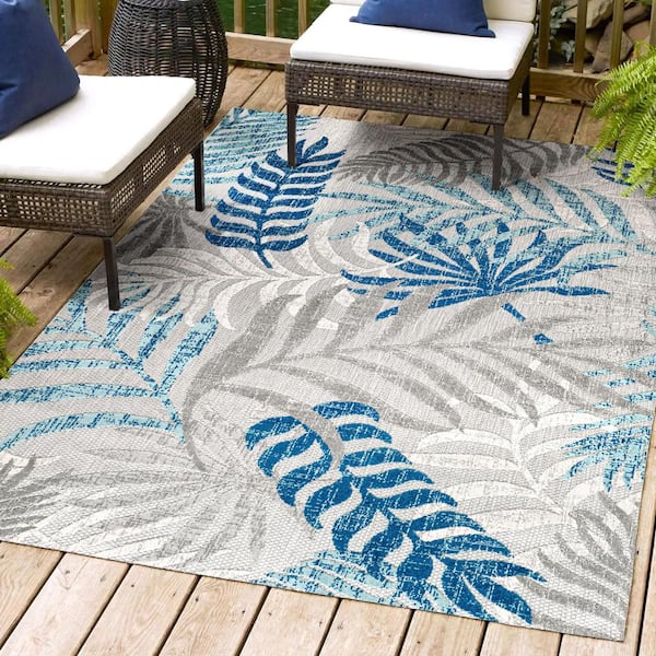 Tropics Palm Leaves Gray/Blue 5 ft. x 8 ft. Indoor/Outdoor Area Rug