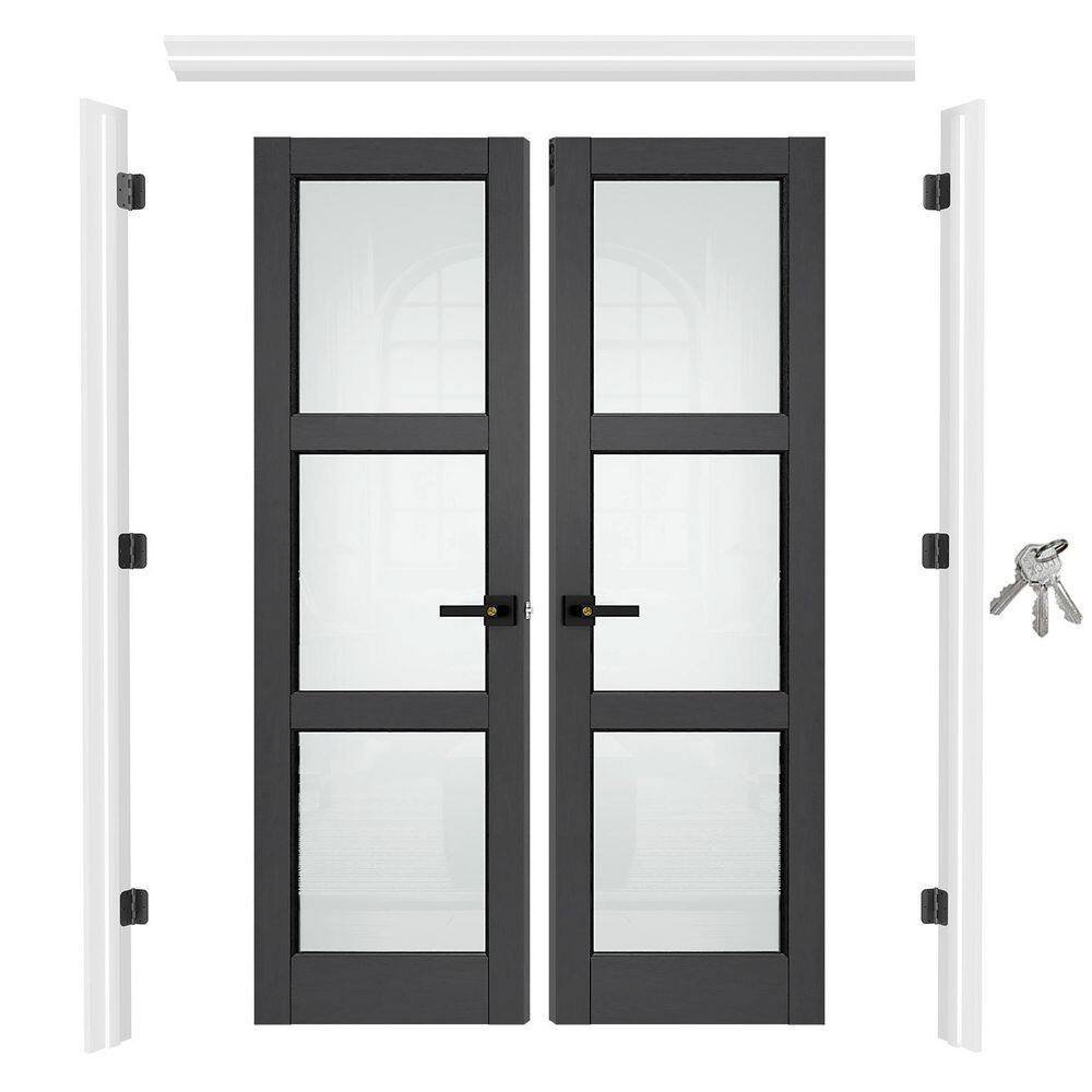 48 in. x 80 in. 3 Lite Frosted Glass Black MDF Door with Jamb, Privacy Lever & Latch, Assembly Required Door Kit price history on PriceWatchPro