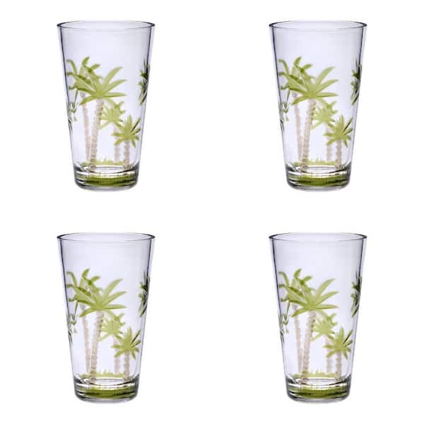 HomeRoots Clear and Green Palm Tree 20 oz. Acrylic Highball Glass (Set of 4)