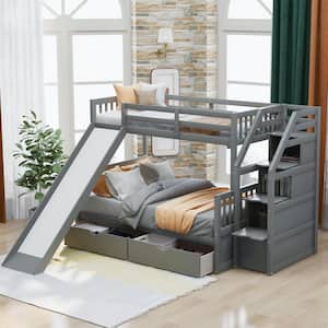 Gray Twin Over Full Size Bunk Bed with Slide, Storage Drawers, Wood Bunk Bed Frame, No Spring Box Needed