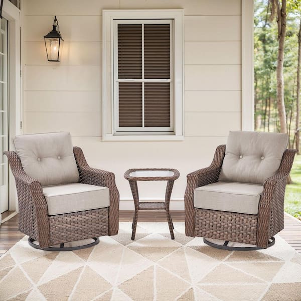 Artisan Brown 3-Piece Wicker Swivel Rocker Patio Conversation Set with 6 in. Thick Beige Cushions and Side Table