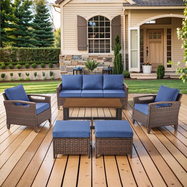 Kelsey 6-Piece Wicker Patio Conversation Seating Sofa Set with Ottomans and Blue Cushions