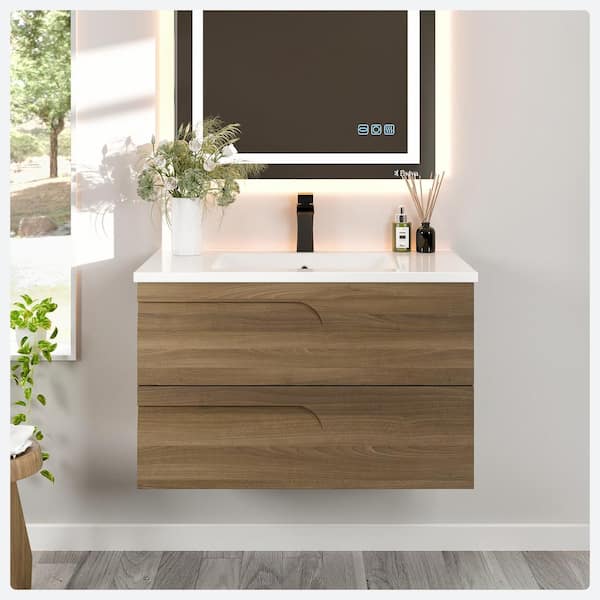 Joy 36 in. Single Sink Floating Graywood Bath Vanity with White Porcelain Top (Assembled)