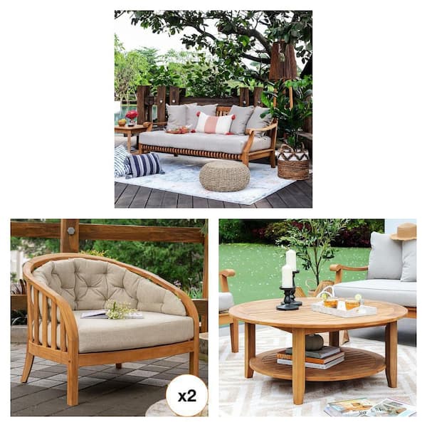 Mosko Teak Day Bed with Beige Cushion, Gilmore Coffee Table & Bernese Lounge Chair Combo