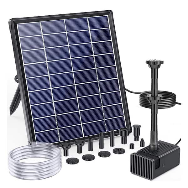 Phewnyzo 6.5-Watt Solar Fountain Pump 80GPH DIY Water Fountain with Double-Layer Nozzles Black Dry-Run Protection 5 ft. Tubing