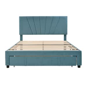 Blue MDF and Particle Board Frame Queen Platform Bed with Drawe