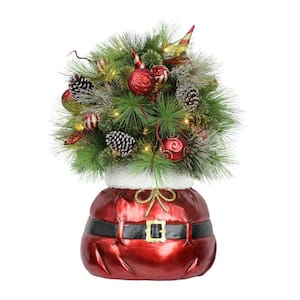 3 ft. Pre-Lit Decorated Artificial Christmas Bush in Santa Sac Base with 50-Lights, Green/Red