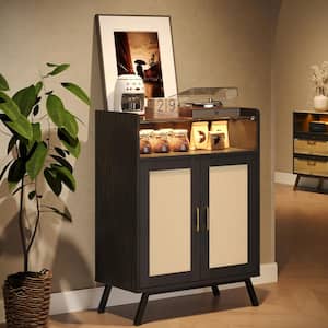 Black 27.56 in. LED Boho Accent Storage Cabinet with Glass Shelves and Ratten Door