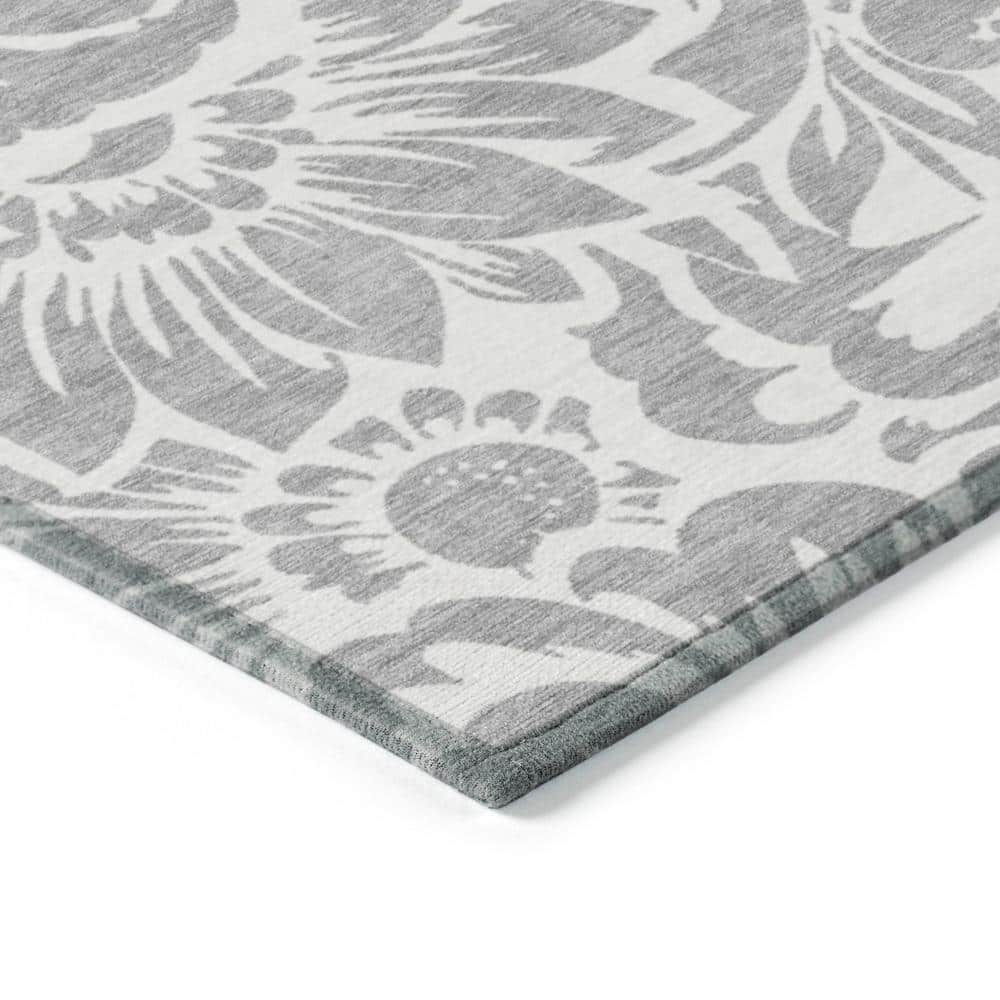 Gray Floral Machine Washable Indoor Outdoor Runner Rug