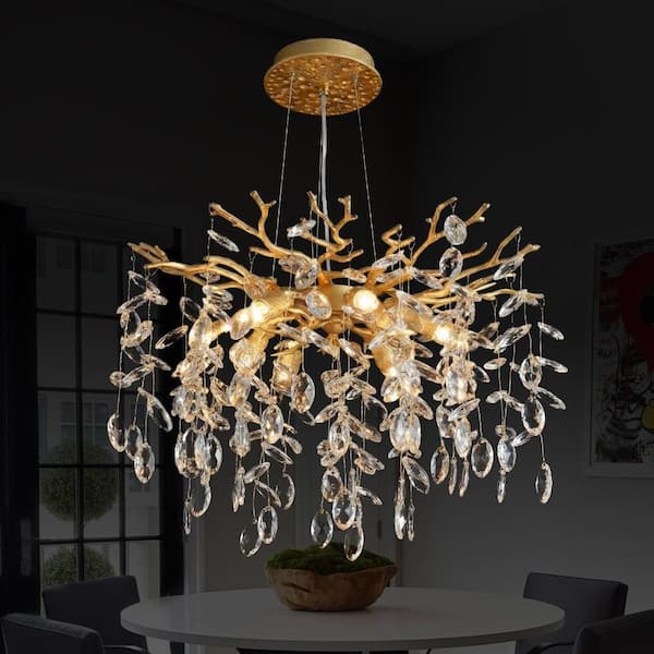 18 in. 6-Light Dimmable Gold Tree Branch Chandelier, K9 Crystal Kitchen Island Chandelier for Living Room, Bedroom