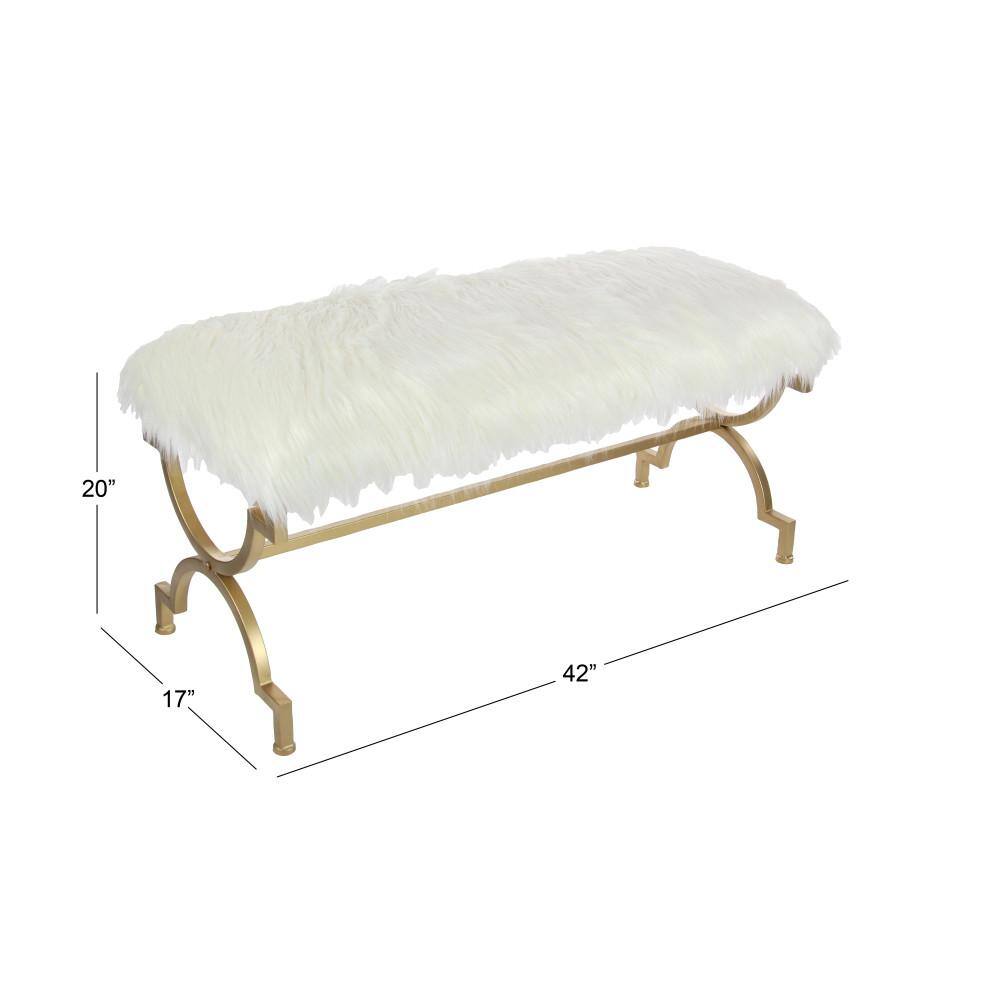 Chic Gold Metal 42" Entryway Bench with White Faux Fur Cushion