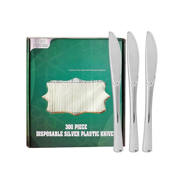 Silver Silver Disposable Plastic Disposable Tableware Knives Heavy Duty 300-Pieces Per Case for Parties Weddings
