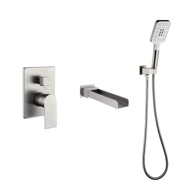 Single-Handle Wall Mount Waterfall Roman Tub Faucet with Hand Shower in. Brushed Nickel