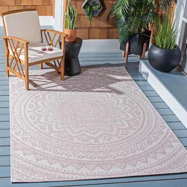 Courtyard Ivory/Soft Pink 7 ft. x 7 ft. Medallion Indoor/Outdoor Square Area Rug
