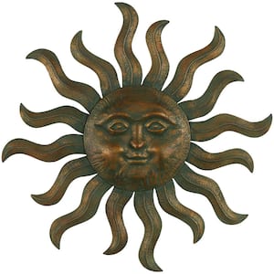 Metal Copper Sun Wall Decor with Smiling Face and Curved Rays