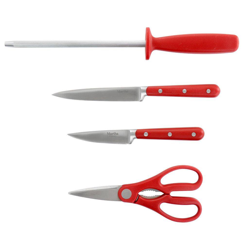 14-Piece Stainless Steel Cutlery Set with Acacia Wood Block, Red
