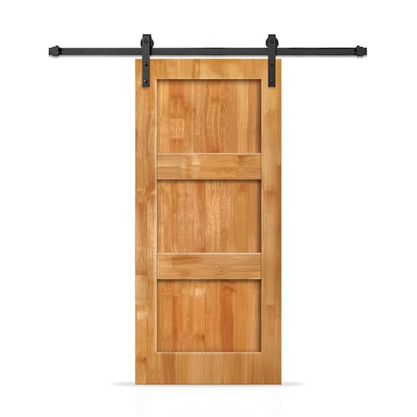 CALHOME 32 in. x 80 in. 3 Panel Shaker Hollow Core Weather Oak Stained Pine Wood Interior Sliding Barn Door with Hardware Kit