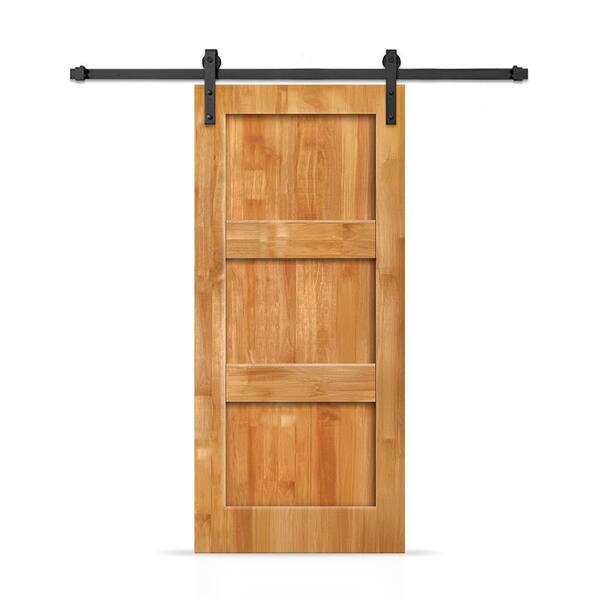 CALHOME 36 in. x 84 in. 3 Panel Shaker Hollow Core Weather Oak Stained Pine Wood Interior Sliding Barn Door with Hardware Kit