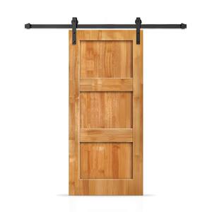 36 in. x 96 in. 3 Panel Shaker Hollow Core Weather Oak Stained Pine Wood Interior Sliding Barn Door with Hardware Kit