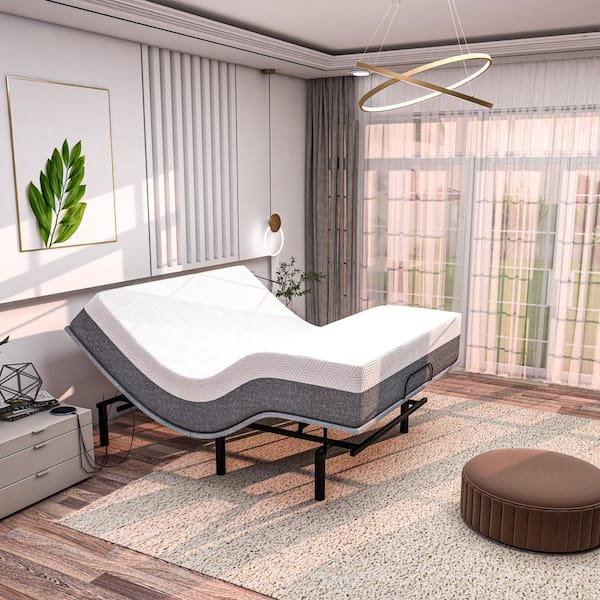 Renanim Gray Full Adjustable Bed Frame with 12 in. Cooling Gel Memory Foam Mattress, Massage, USB, Under-Bed Light, Remote/App
