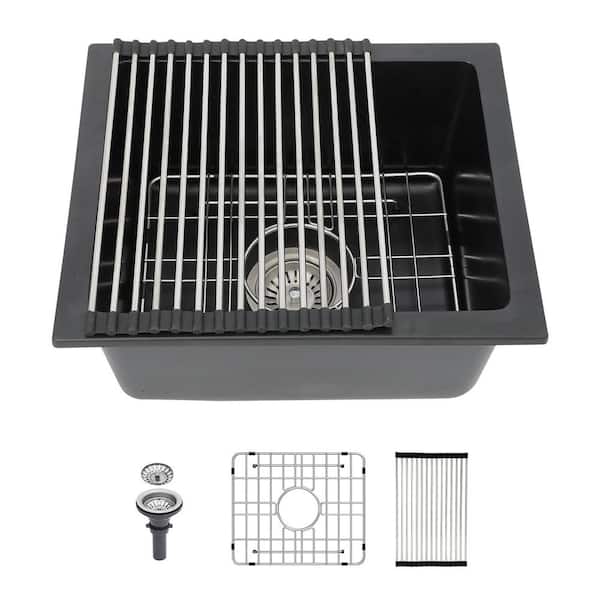 18 in. Undermount Single Bowl Black Quartz Kitchen Sink with Bottom Grids