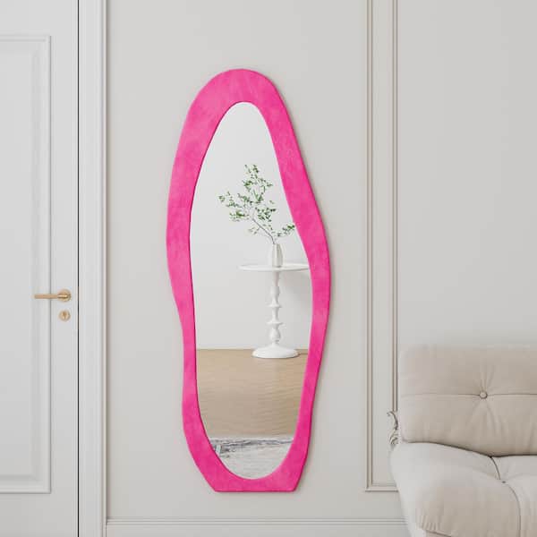 Pink 23.6 in W x 63 in. H Irregular Wavy Flannel Wrapped Wooden Framed Decorative Full Length Mirror