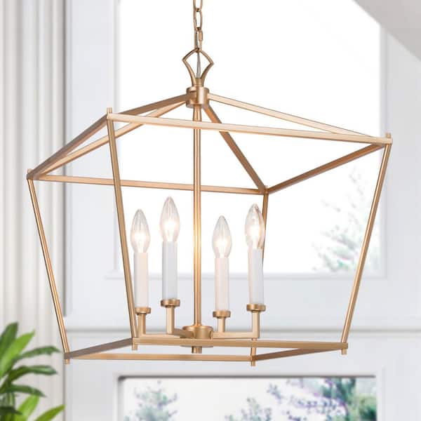LNC 17.5 in. W Gold Chandelier Modern Candlestick Island 4-Light Lantern Cage Linear Geometric Pendant Chandelier
