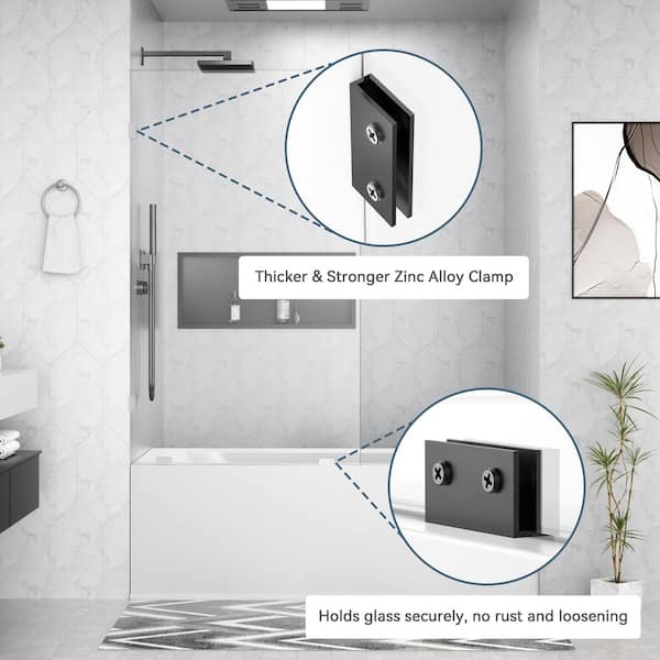 34 in. x 58 in. Frameless Fixed Panel Tub Doors in Matte Black without Handle with clear Glass