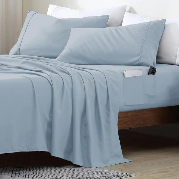 Twin Size Microfiber Sheet Set with 8 in. Double Storage Side Pockets, Blue Fog