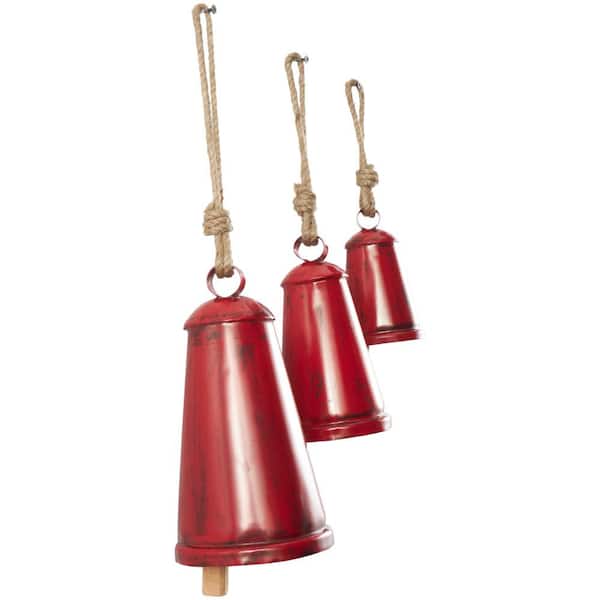 Litton Lane Red Metal Tibetan Inspired Narrow Cone Decorative Cow Bells with Jute Hanging Rope (3- Pack)