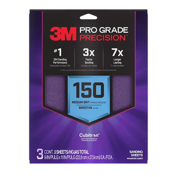 Pro Grade Precision 9 in. x 11 in. 150 Grit Faster Sanding Sheets with No-Slip Grip Backing (3-Pack)