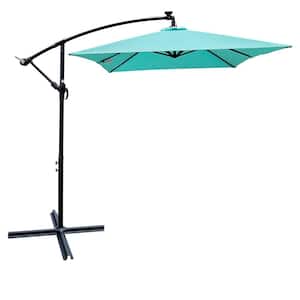 10 ft. x 6.5 ft. Steel Cantilever Solar Patio Umbrella in Turquoise Offset Umbrella with 26 LED Lights and Cross Base