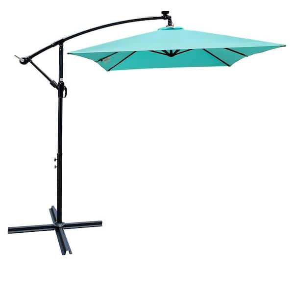 GAWEZA 10 ft. x 6.5 ft. Steel Cantilever Solar Patio Umbrella in Turquoise Offset Umbrella with 26 LED Lights and Cross Base