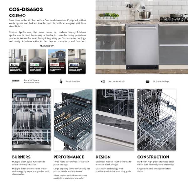 Cosmo 24 in. Stainless Steel Top Control Smart Built-In Tall Tub