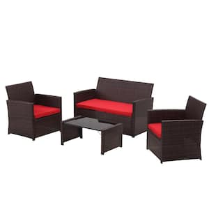 Brown 4-Piece Wicker Patio Rattan Furniture Set With Waterproof Red Cushions and Coffee Table