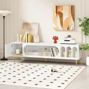 Modern White TV Stand Fits TVs up to 70 in. with Semi-open Arched Shelves and Cabinets